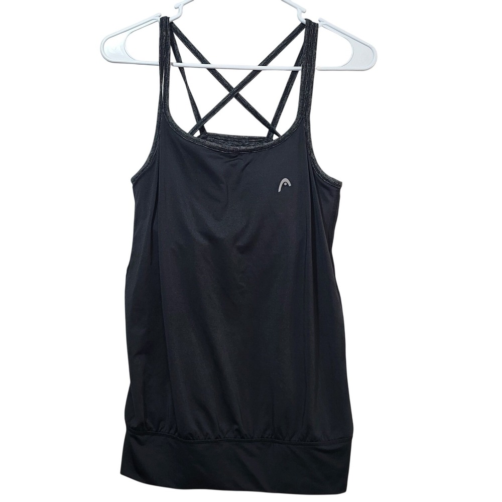 HEAD‎ Womens Black Bubble Hem Activewear Tank Top Built-in Bra Strappy Medium